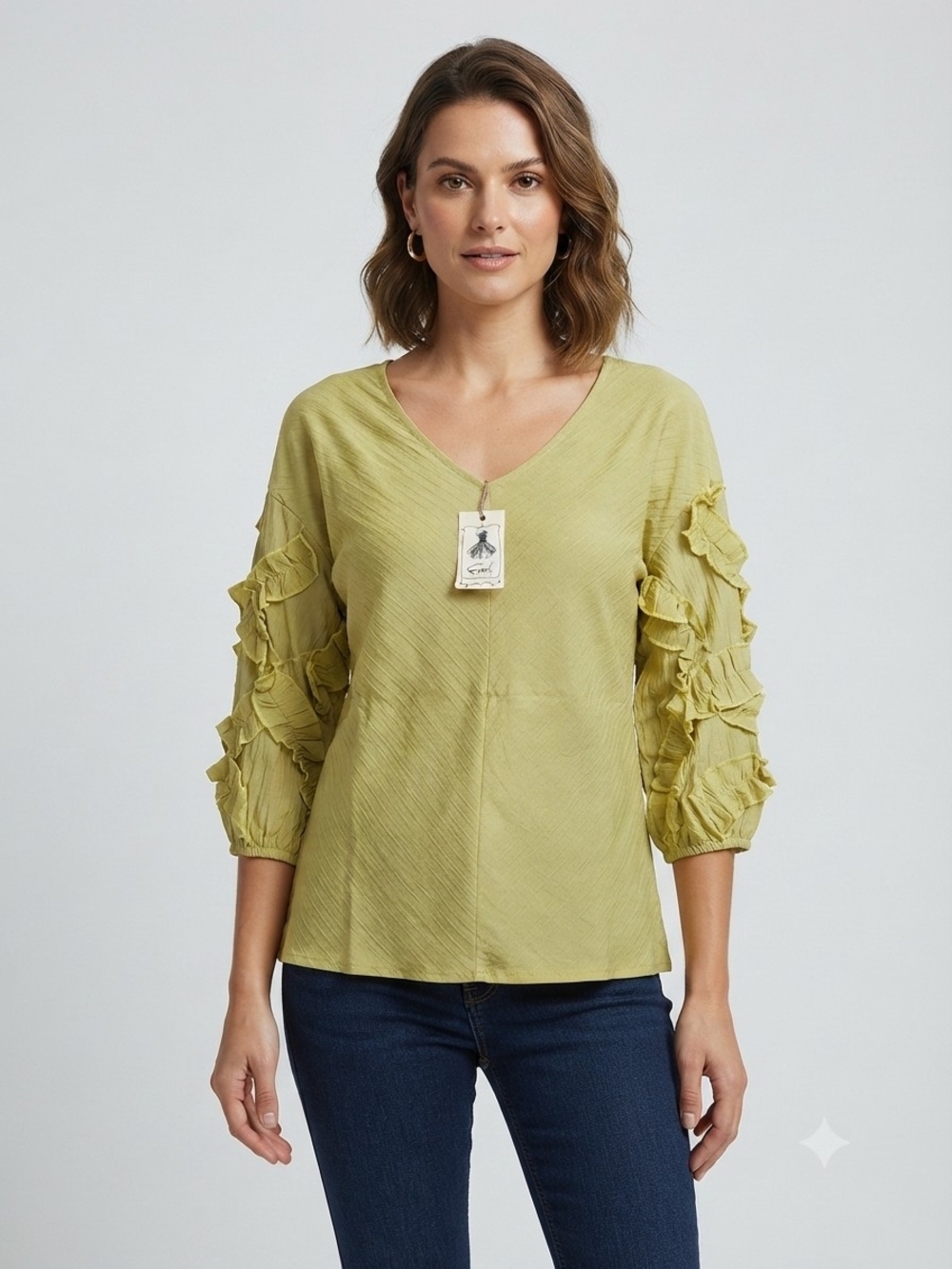081 - Easel Mustard Color Pullover Top with Ruffle 3/4 Sleeves- M